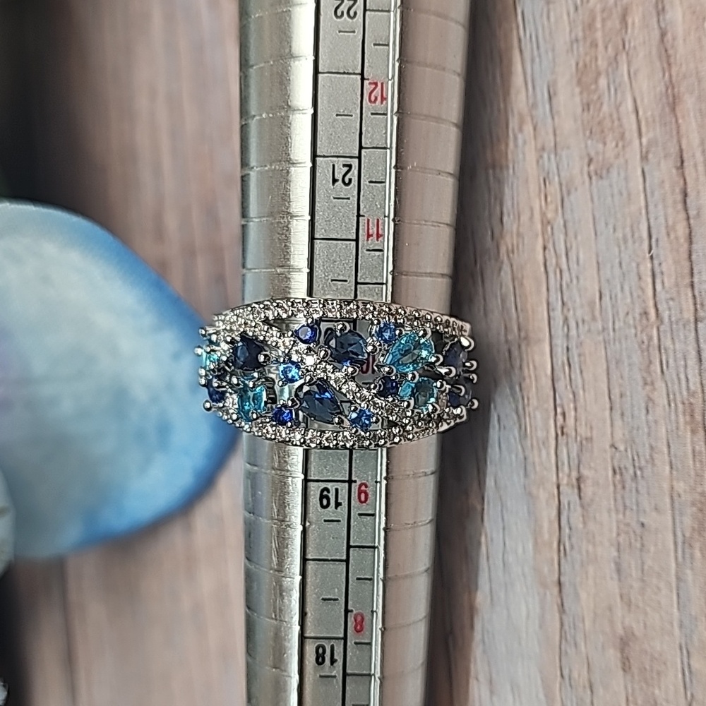 NEW PLATINUM PLATED CREATED SAPPHIRE AQUAMARINE ZIRCON FASHION RING - Picture 10 of 10